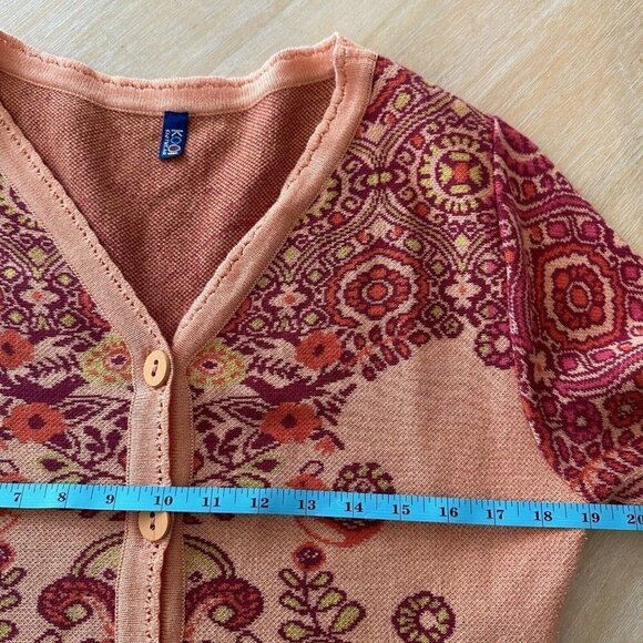 KOOI Knitwear Sz M Orange Red Floral Long Cardigan Artsy Boho Retro Festival Hip - Picture 12 of 13